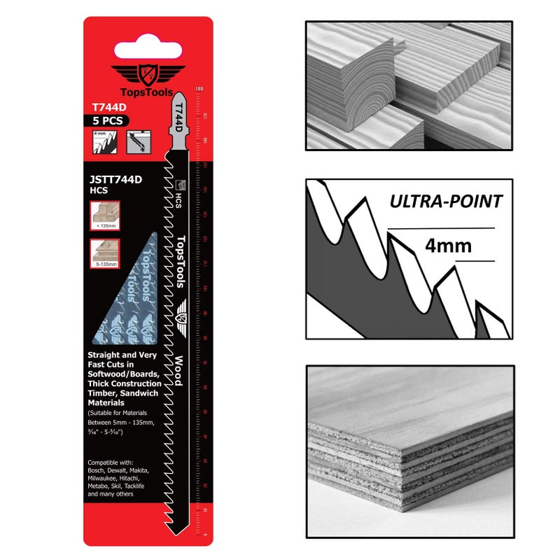 TopsTools 5 x TopsTools JSTT744D T744D 180mm Jigsaw Blades Designed for Long Clean Straight and Fast Cuts in Wood - Image 4
